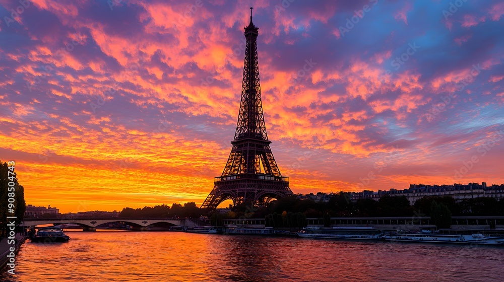 Obraz premium Eiffel Tower at Sunset: The Eiffel Tower silhouetted against a vibrant sunset sky, with the Seine River in the foreground. 