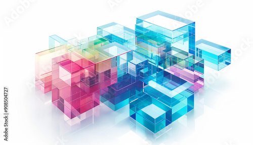 Abstract 3d blue and pink color glitch blocks. chain isometric and digital cloud network technology texture pattern background. 3d rendering crypto system concept. 3d cubes 