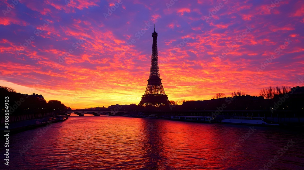 Obraz premium Eiffel Tower at Sunset: The Eiffel Tower silhouetted against a vibrant sunset sky, with the Seine River in the foreground. 