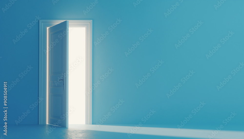 A partially open white door reveals bright light against a light blue wall. It symbolizes new beginnings, hope, and potential opportunities. A partially open white door reveals bright light against a light blue wall. It symbolizes new beginnings, hope, and potential opportunities.