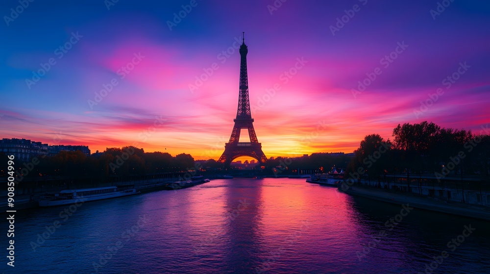 Eiffel Tower at Sunset: The Eiffel Tower silhouetted against a vibrant sunset sky, with the Seine River in the foreground.
