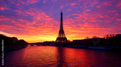 Eiffel Tower at Sunset: The Eiffel Tower silhouetted against a vibrant sunset sky, with the Seine River in the foreground. 