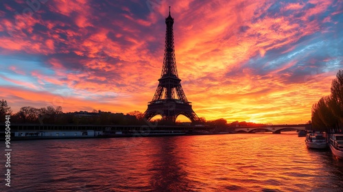 Eiffel Tower at Sunset: The Eiffel Tower silhouetted against a vibrant sunset sky, with the Seine River in the foreground.
 photo