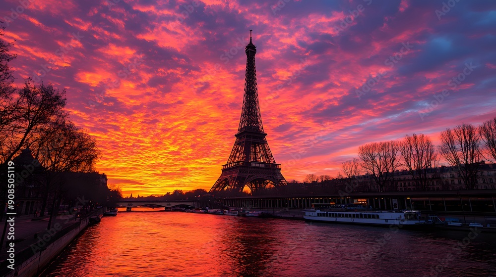 Fototapeta premium Eiffel Tower at Sunset: The Eiffel Tower silhouetted against a vibrant sunset sky, with the Seine River in the foreground. 
