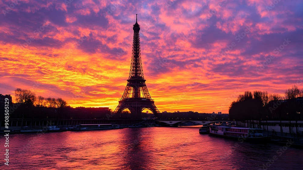 Obraz premium Eiffel Tower at Sunset: The Eiffel Tower silhouetted against a vibrant sunset sky, with the Seine River in the foreground. 