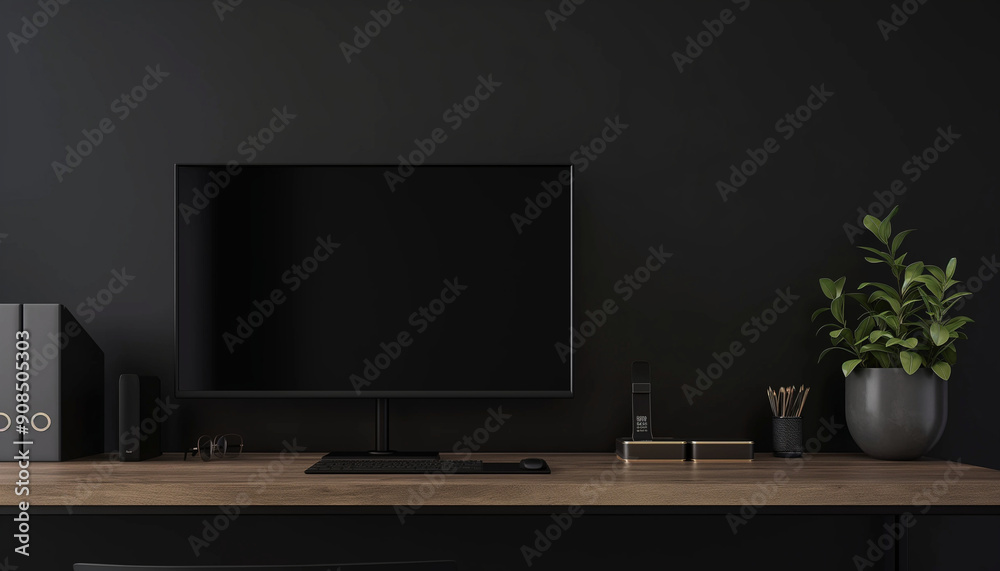 A sleek, darkthemed home office setup featuring a blank computer monitor, wooden desk, office supplies, and a small plant. Minimalist and modern aesthetic. A sleek, darkthemed home office setup featuring a blank computer monitor, wooden desk, office supplies, and a small plant. Minimalist and modern aesthetic.