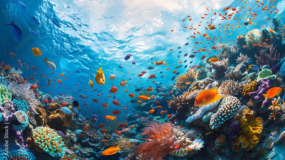 Obraz premium Vibrant underwater scene showcasing a colorful coral reef teeming with fish. The image captures the beauty and diversity of marine life.