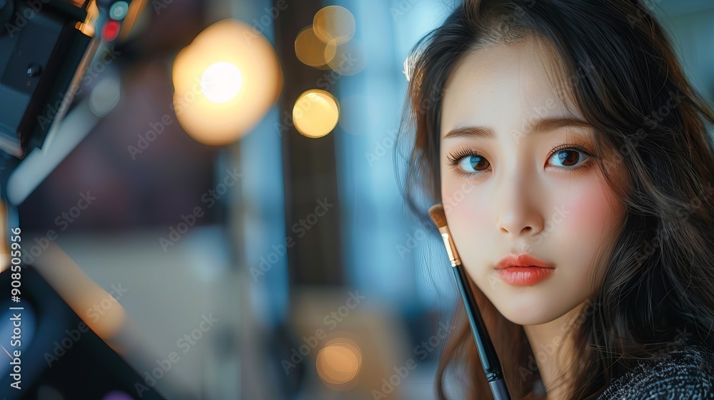 Beautiful young woman applying foundation powder or blush with makeup brush,girl holding make-up brushes and make up on face with skincare,pink cheek girl,cosmetics set,facial beauty. Beautiful young woman applying foundation powder or blush with makeup brush,girl holding make-up brushes and make up on face with skincare,pink cheek girl,cosmetics set,facial beauty.