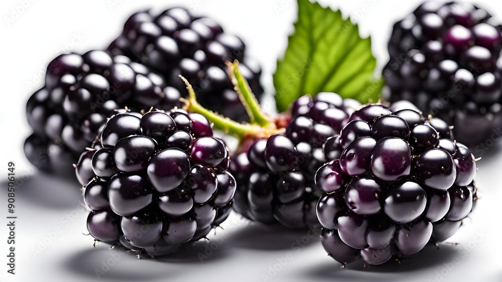 Close-up of ripe blackberries arranged with a green leaf, showcasing their juicy texture and vibrant color. Perfect for healthy eating concepts. Close-up of ripe blackberries arranged with a green leaf, showcasing their juicy texture and vibrant color. Perfect for healthy eating concepts.