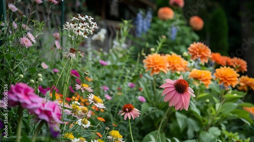 Vibrant Summer Garden bursting with colorful flowers in full bloom showcasing a variety of species and textures.