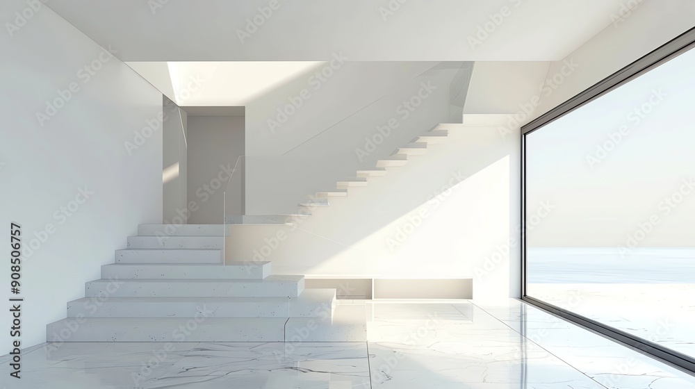 A white room with stairs and a large window.