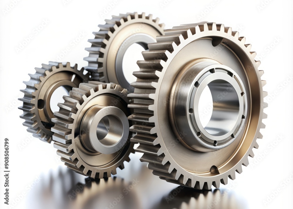 Isolated mechanical gears rotating in harmony, with visible teeth and metallic textures, set against a pristine white background, evoking innovation and precision. Isolated mechanical gears rotating in harmony, with visible teeth and metallic textures, set against a pristine white background, evoking innovation and precision.