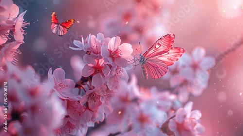 Magical Pink Sakura Flower Garden with Graceful Butterflies and Soft Sunlight Filtering Through the Leaves, Full Bloom