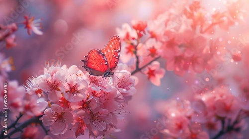 Serene and Delicate Beauty of the Natural World Captured in Macro Shot of Spring Landscape with Pink Sakura Flowers and Butterflies