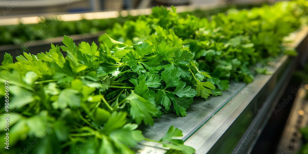 Fresh Green Parsley on Conveyor Belt in Industrial Food Processing Plant Fresh Green Parsley on Conveyor Belt in Industrial Food Processing Plant