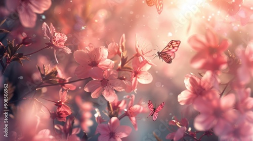Dreamy Pink Sakura Flower Garden in Full Bloom with Graceful Butterflies and Soft Sunlight Filtering Through the Leaves