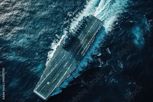 US Navy aircraft carrier floating in open ocean captured in high-resolution aerial photography, satellite image style. photo