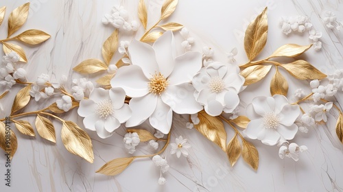 White and gold foliage and flowers set on a marble backdrop. Beautiful wedding texture for the invitation.