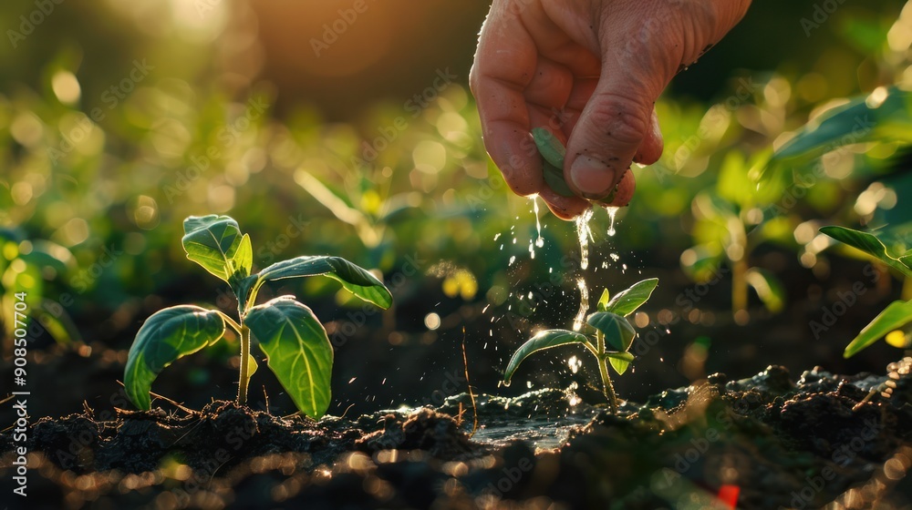 Fototapeta premium Farmer's hands watering young organic farming plants