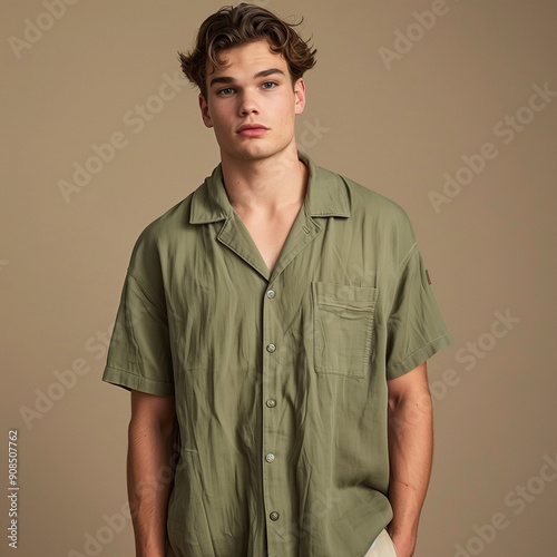 Handsome young man with green shirt, isolated