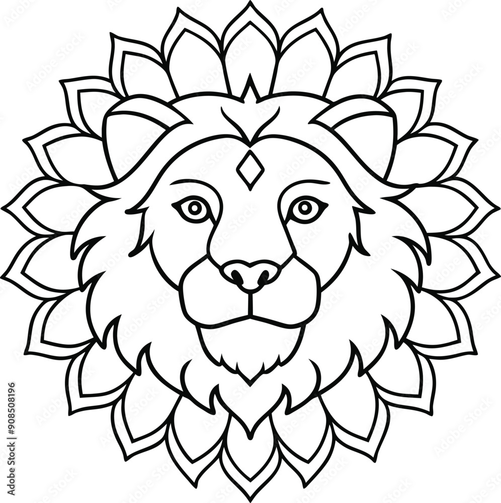 Obraz premium Cute Lion Face Coloring Page Minimal Line Art with Geometric Mandala Design