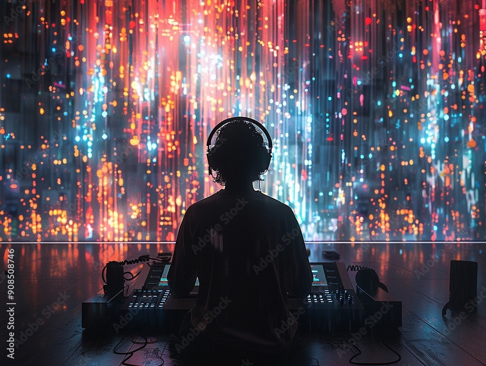 Music Producer, Headphones, Intense Focus, Creating Epic Movie Score,Inspires Emotional Depth,3D Render,Silhouette Lighting,Chromatic Aberration Music Producer, Headphones, Intense Focus, Creating Epic Movie Score,Inspires Emotional Depth,3D Render,Silhouette Lighting,Chromatic Aberration