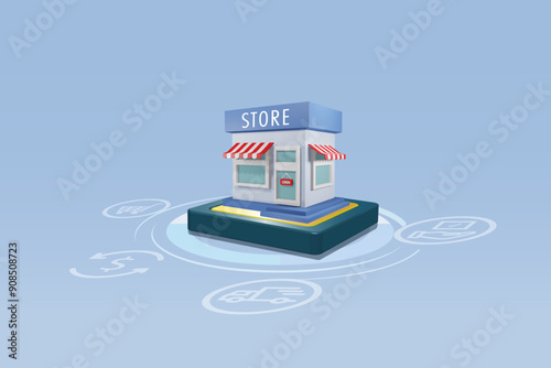 Digital store with order process for online shopping. Store building on circuit board with order step, order, payment packing and delivery. E commerce, digital store and online shopping. 3D vector.