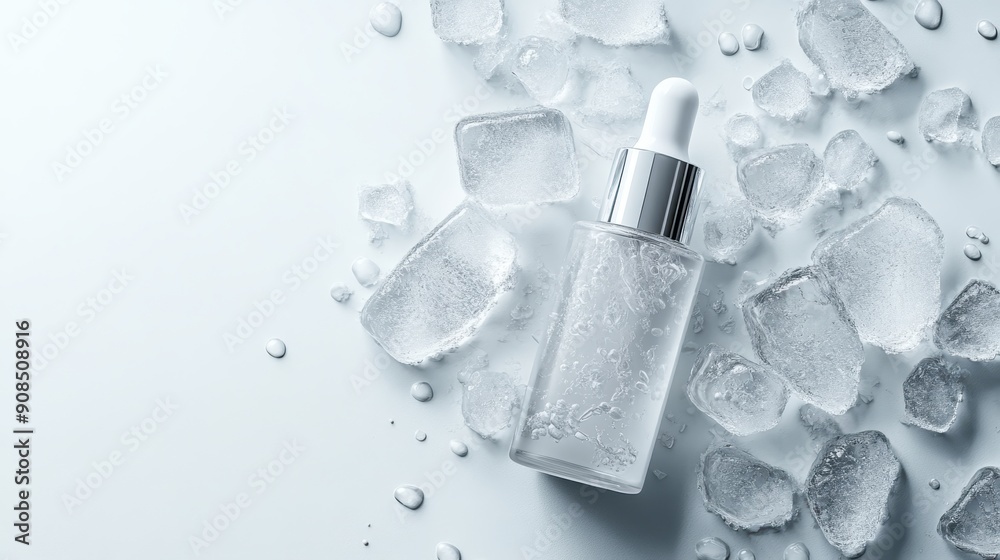 White skin care bottle with ice cubes on white background,Ice sealed skincare product,lotion,toner, skin care,Natural cosmetic products for protecting and nourishing skin of face,copy space. White skin care bottle with ice cubes on white background,Ice sealed skincare product,lotion,toner, skin care,Natural cosmetic products for protecting and nourishing skin of face,copy space.