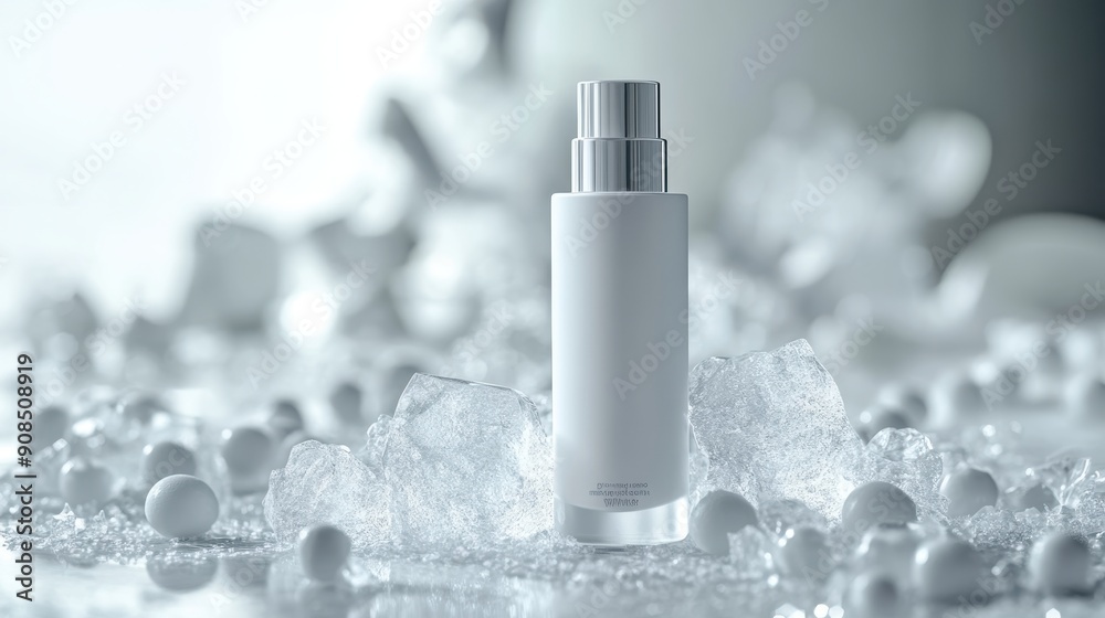 White skin care bottle with ice cubes on white background,Ice sealed skincare product,lotion,toner, skin care,Natural cosmetic products for protecting and nourishing skin of face,copy space. White skin care bottle with ice cubes on white background,Ice sealed skincare product,lotion,toner, skin care,Natural cosmetic products for protecting and nourishing skin of face,copy space.