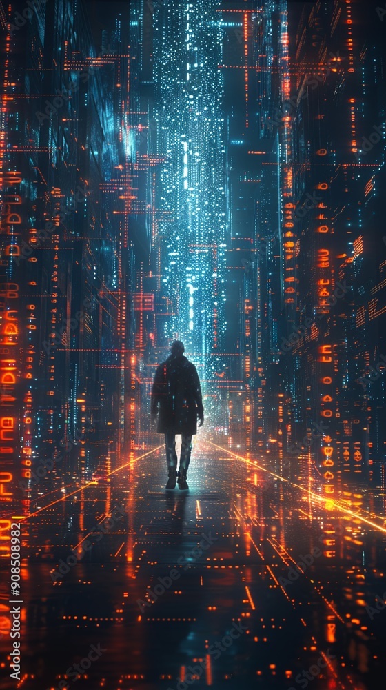 Neural Hacker, Optical implants, A mysterious figure navigating a virtual reality world, surrounded by data streams and glowing code Photography, Spotlight, Vignette Neural Hacker, Optical implants, A mysterious figure navigating a virtual reality world, surrounded by data streams and glowing code Photography, Spotlight, Vignette