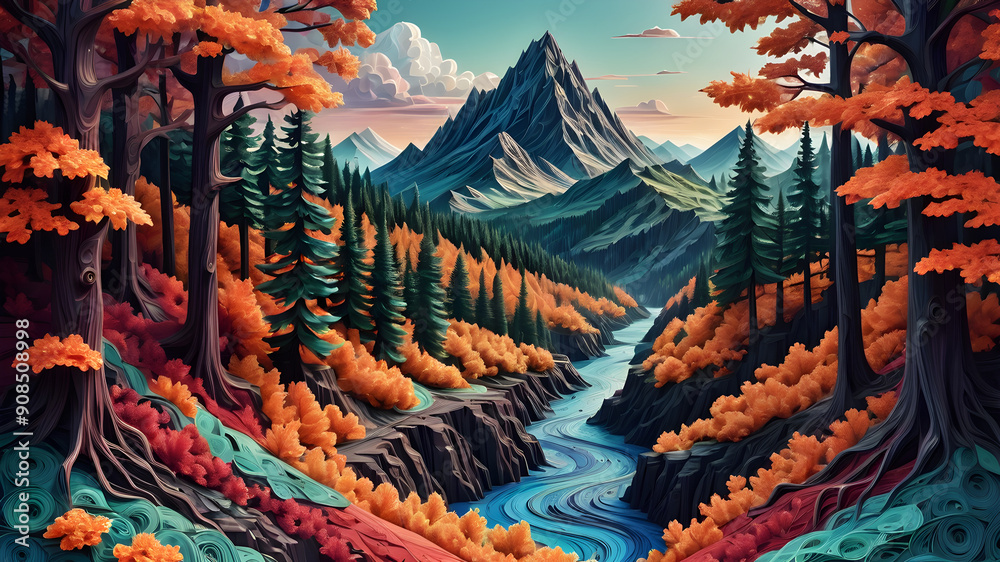mountain forest river , multi-dimensional paper cut craft, full moon mountain forest river , multi-dimensional paper cut craft, full moon