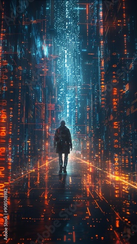 Neural Hacker, Optical implants, A mysterious figure navigating a virtual reality world, surrounded by data streams and glowing code Photography, Spotlight, Vignette