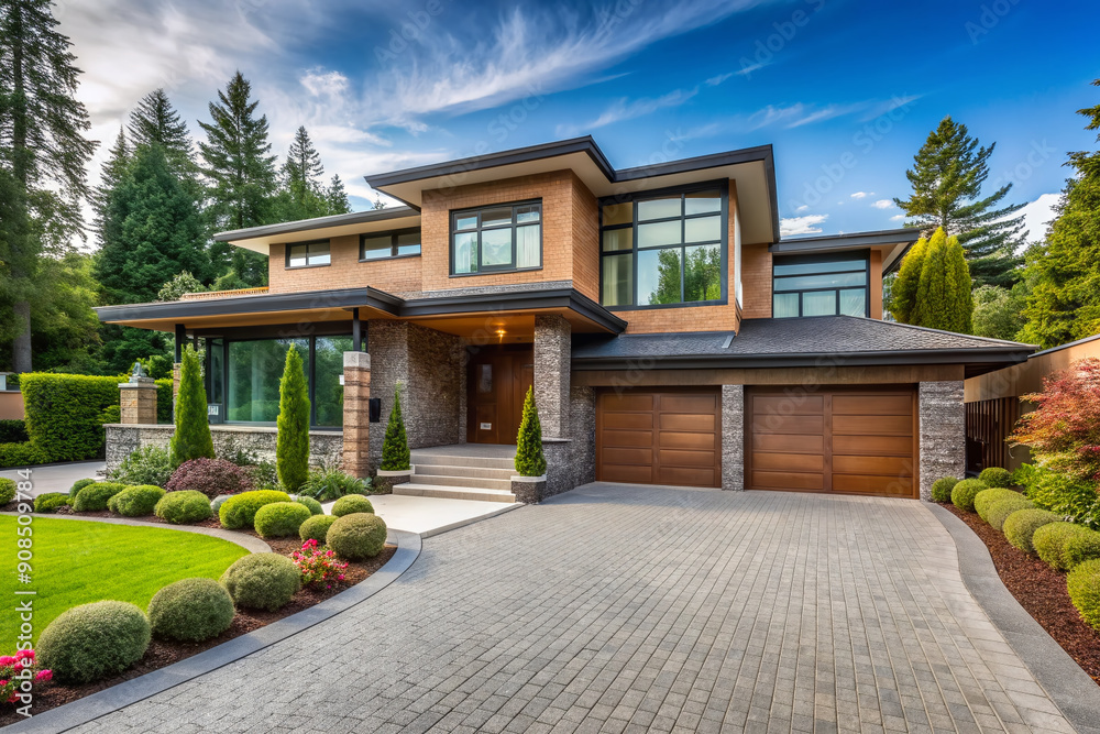 Modern suburban residence in Vancouver, Canada, features sleek exterior design, lush landscaping, and curved driveway leading to a spacious garage in a serene neighborhood setting. Modern suburban residence in Vancouver, Canada, features sleek exterior design, lush landscaping, and curved driveway leading to a spacious garage in a serene neighborhood setting.