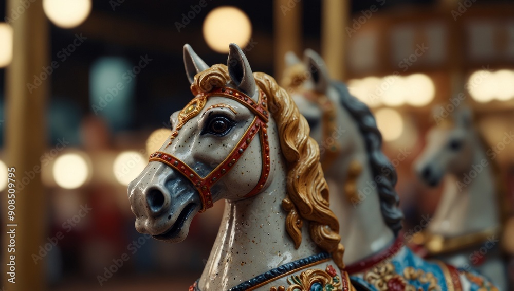 Merry go round horses carousel close up view with copy space. Merry go round horses carousel close up view with copy space.