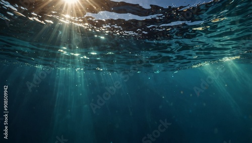 Underwater shot from a blue pool to the surface with sunshine.