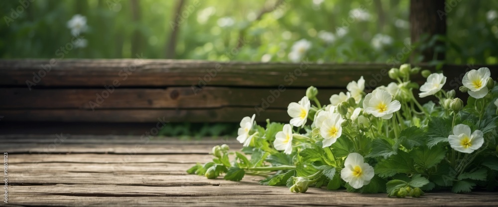 Spring floral background Green border of white forest flowers primrose in nature and old wooden light rustic boards in vintage style Texture of fresh forest greenery, copy space. Spring floral background Green border of white forest flowers primrose in nature and old wooden light rustic boards in vintage style Texture of fresh forest greenery, copy space.