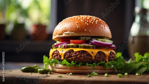 Vibrant Vegan Burger under Natural Light A Taste of Healthy Food Alternatives. photo