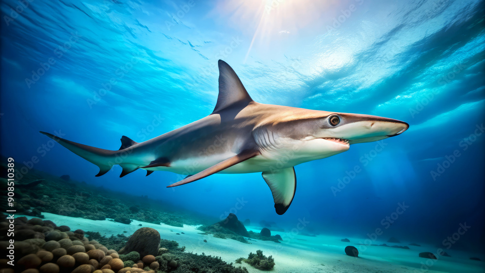 Fototapeta premium Shark Swimming Underwater in Blue Water with Sunbeams.