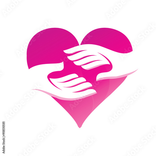 This is a simple logo that depicts a hand reaching other hand on a heart shape in pink red color symbolizes love and care

