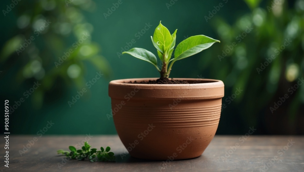 Obraz premium Young green plant in a clay pot on a green background with copy space.