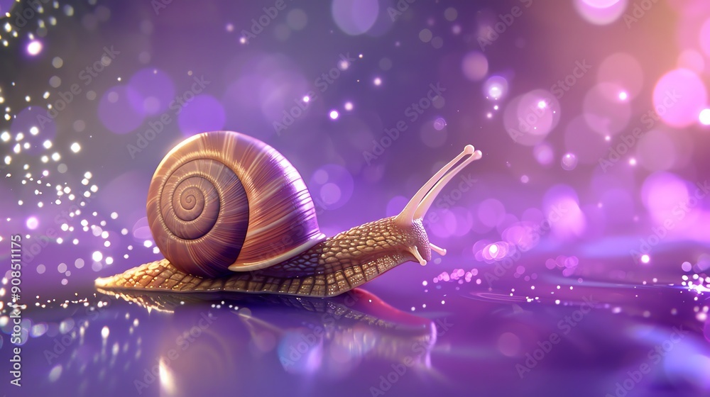 A snail crawling on a purple surface with a blurry background. A snail crawling on a purple surface with a blurry background.