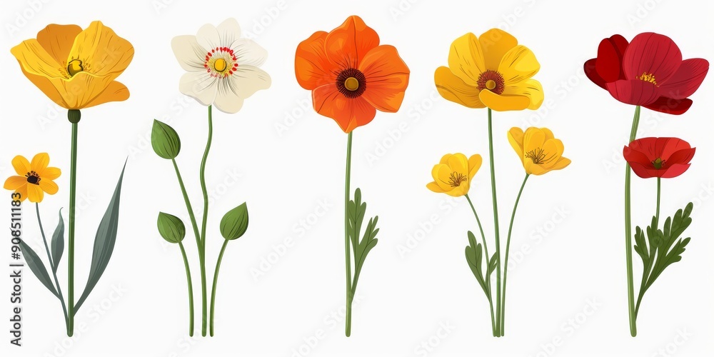 Fototapeta premium Collection of 2D and 3D Vector Flat Abstract Minimalistic Art of Flowers and Meadow Isolated on a White Background