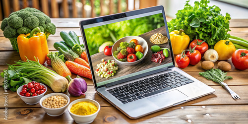 Vibrant and fresh vegetables, fruits, and whole grains surround a laptop, showcasing a healthy living website with nutritious diet and cooking recipes for wellness. photo