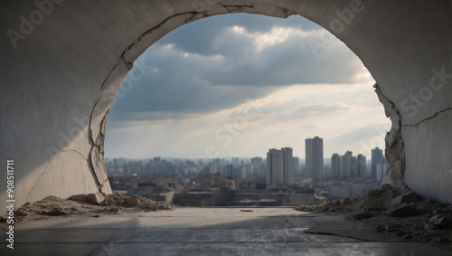 Sky view from hole in the concrete grey wall and concrete cracked floor. photo