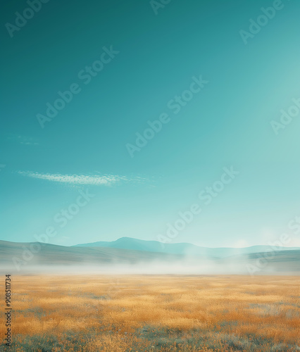Foggy grassland and sky