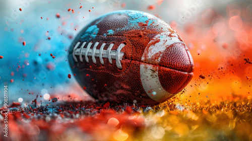 A gritty football resting on turf, surrounded by a vibrant explosion of red and blue paint splashes, capturing sports intensity