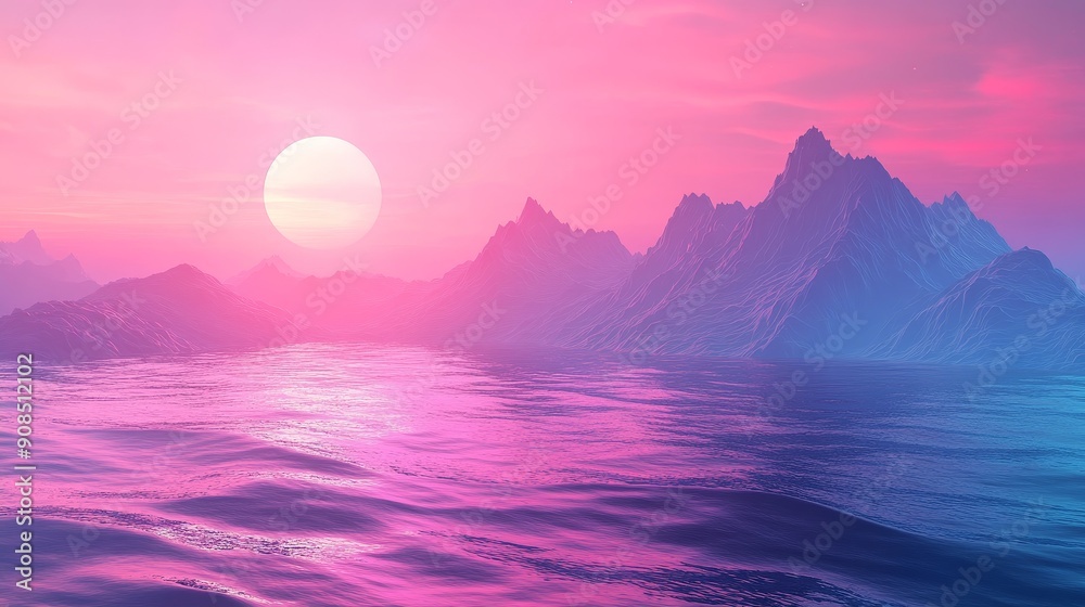 Serene Seascape Panorama - Abstract 3D Render of Mountains under a Pink Blue Night Sky | Spiritual Wallpaper Background Serene Seascape Panorama - Abstract 3D Render of Mountains under a Pink Blue Night Sky | Spiritual Wallpaper Background