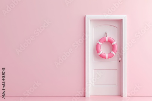 Whimsical 3D Rendering of White Open Doorway with Pink Boat Lifebuoy on Light Pink Background