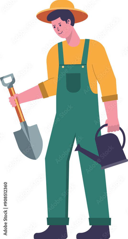 Smiling gardener with watering can and small shovel. Concept of environmental protection, planting vegetables, gardening. Flat vector illustration. Smiling gardener with watering can and small shovel. Concept of environmental protection, planting vegetables, gardening. Flat vector illustration.