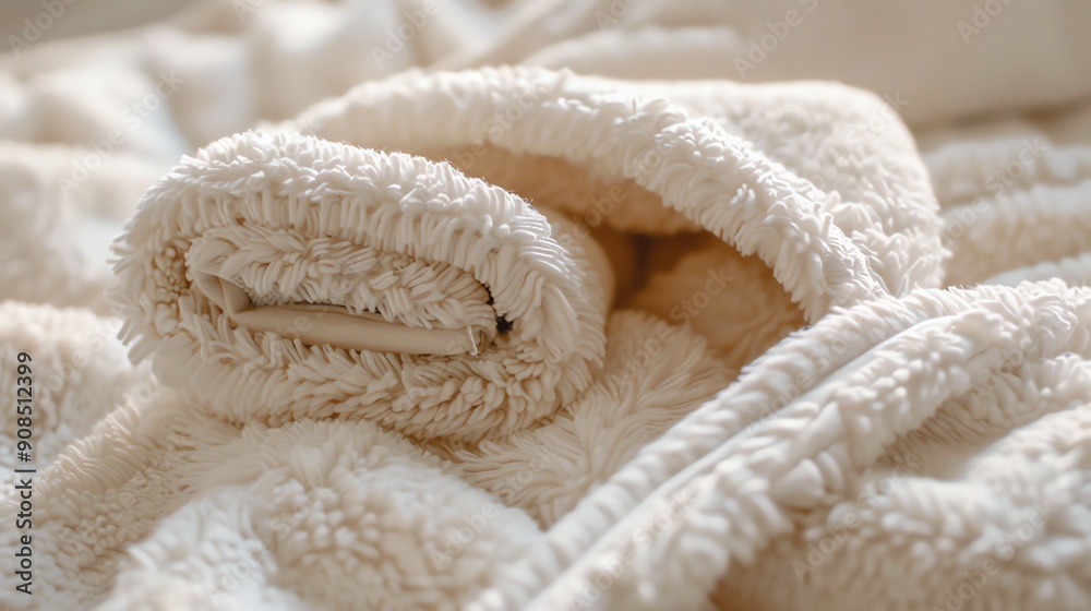 A close up of a cream-colored, fluffy blanket. A close up of a cream-colored, fluffy blanket.